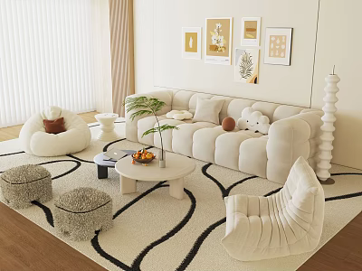 Modern Living Room Comfortable Sofa And Coffee Table Set With Decorative Paintings Patterned Rug Ottomans 3d model