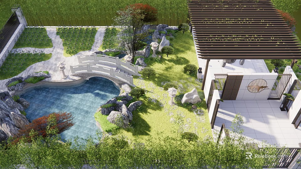 Courtyard Garden Design With Pond Stone Bridge Rock Features And Wooden Veranda 3d model 