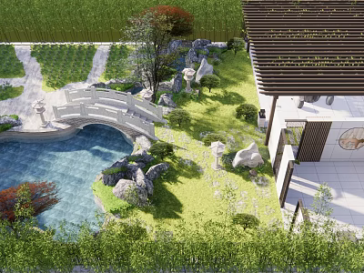 Courtyard Garden Design With Pond Stone Bridge Rock Features And Wooden Veranda 3d model