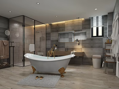 Modern Bathroom Interior With Freestanding Bathtub Glass Shower Marble Walls And Wooden Floor 3d model