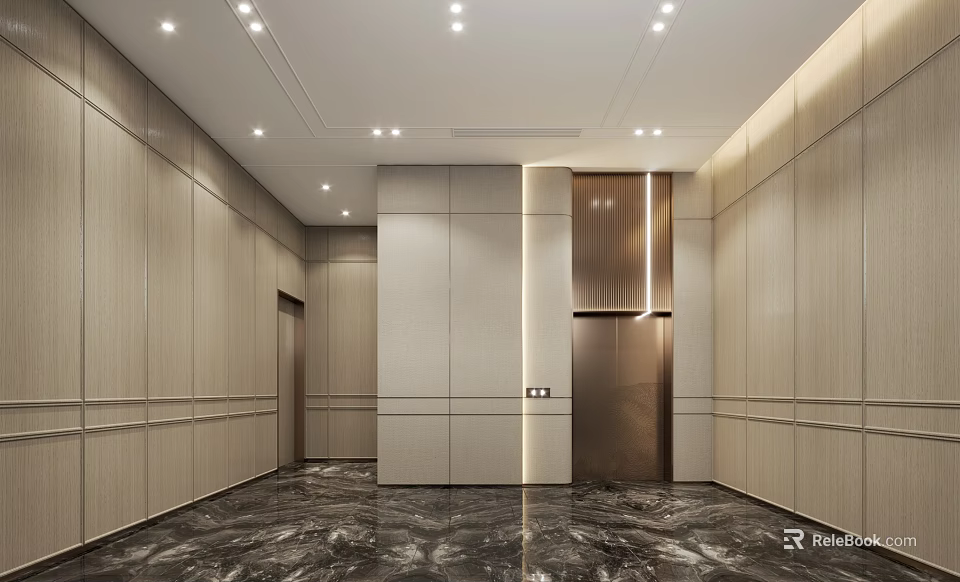 Modern Elevator Hallway Interior With Light Wood Panels And Marble Floor 3d model