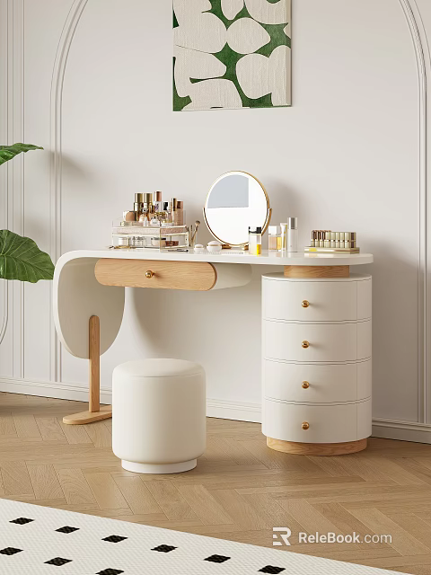 Modern White Wooden Dressing Table With Round Mirror Cosmetics Drawers White Stool And Green Plant 3d model 