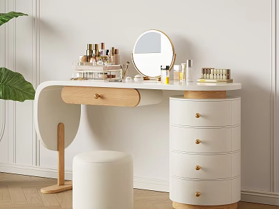 Modern White Wooden Dressing Table With Round Mirror Cosmetics Drawers White Stool And Green Plant 3d model