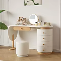Modern White Wooden Dressing Table With Round Mirror Cosmetics Drawers White Stool And Green Plant