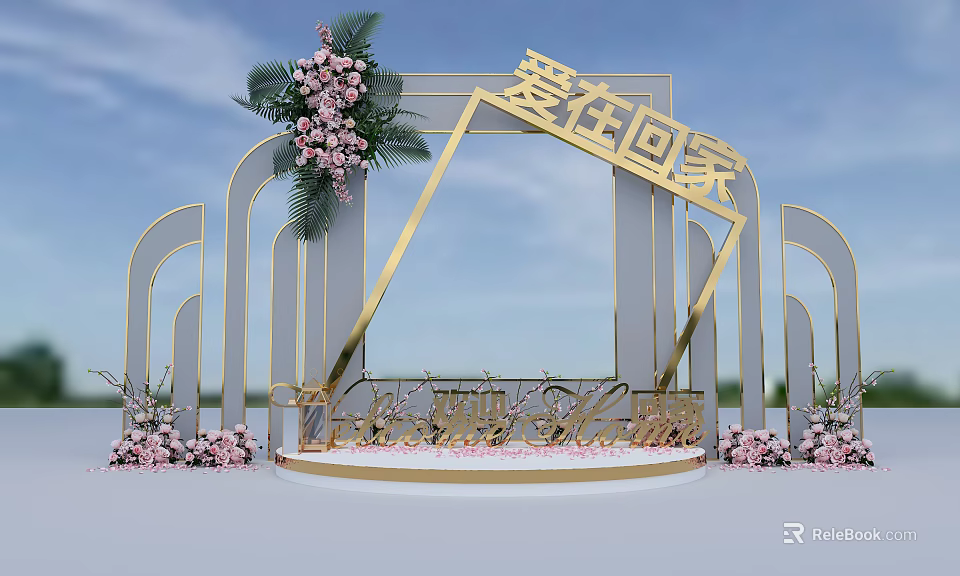 Elegant Homecoming Event Decoration With Golden Frame Pink Flowers And White Platform 3d model 