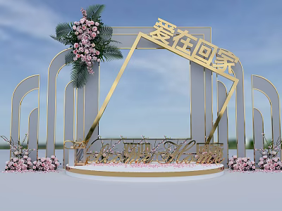 Elegant Homecoming Event Decoration With Golden Frame Pink Flowers And White Platform 3d model