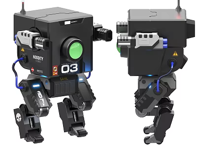 Smart Robot With Black Exterior Mechanical Legs Camera Sensors And Blue Lights 3d model