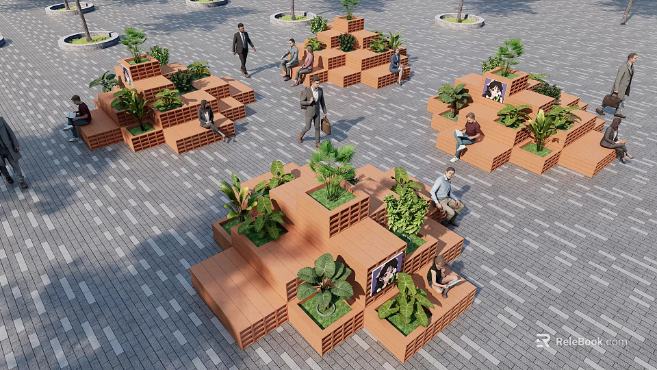 Square Brick Wooden Flower Planters With Green Plants People Resting Walking Around Gray Stone Pavement 3d model 