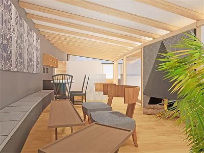 Hotel Guest Room Interior With Wooden Ceiling Bench Tables Chairs And Decorative Wall Art 3d model