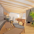 Hotel Guest Room Interior With Wooden Ceiling Bench Tables Chairs And Decorative Wall Art