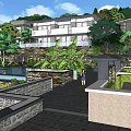 Hotel Building Complex with Modern Traditional Architecture in Lush Green Landscape and Courtyard