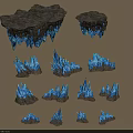 Scene Components With Black Rock Base And Blue Icy Crystals In Various Sizes Shapes