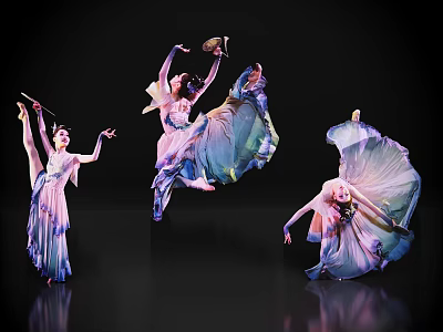 Women Dancing With Dynamic Movements In Colorful Flowing Dresses Against Black Background 3d model