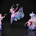 Women Dancing With Dynamic Movements In Colorful Flowing Dresses Against Black Background
