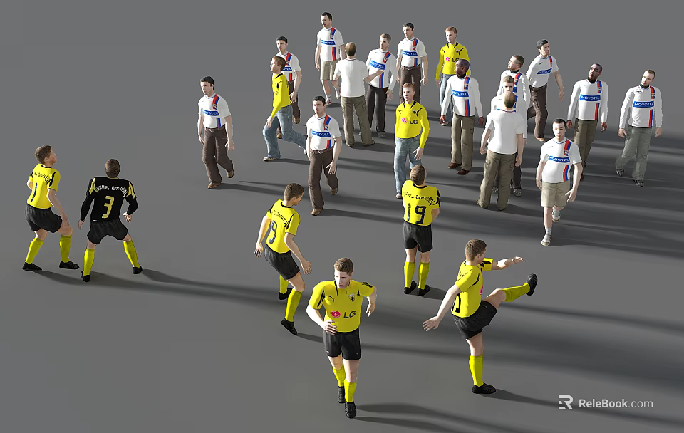 Multiple People Playing Soccer With Yellow Jerseys And Black Shorts On Field 3d model 