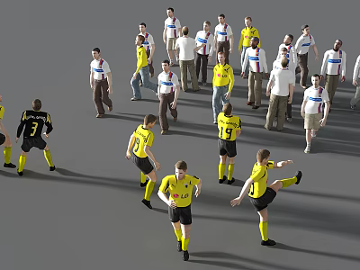 Multiple People Playing Soccer With Yellow Jerseys And Black Shorts On Field 3d model