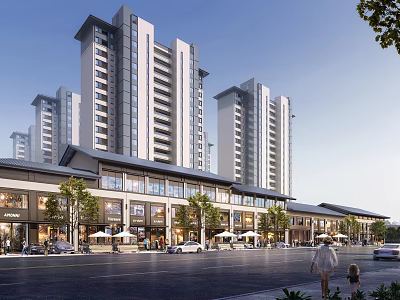 Modern Commercial Street With High Rise Buildings Retail Shops Outdoor Seating Pedestrians And Vehicles 3d model