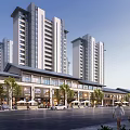 Modern Commercial Street With High Rise Buildings Retail Shops Outdoor Seating Pedestrians And Vehicles