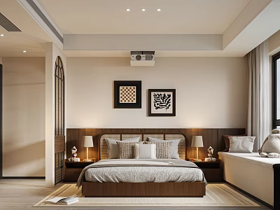 Modern Bedroom Interior With Bed Nightstands Table Lamps And Decorative Art 3d model