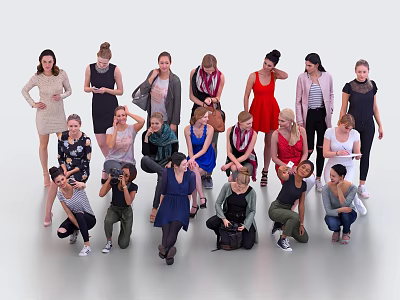 Group of Diverse People Posing in Various Outfits on White Background 3d model