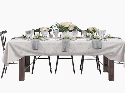 Elegant Dining Table Set With Chairs Tablecloth Floral Arrangement And Tableware 3d model