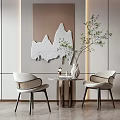 Modern Interior Table And Chairs Set With Striped Wall Art And Green Plant Decor