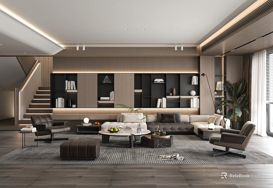 Modern Elegant Living Room Interior Design With Bookshelves Sofa Coffee Table And Indoor Plant 3d model 