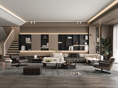 Modern Elegant Living Room Interior Design With Bookshelves Sofa Coffee Table And Indoor Plant 3d model