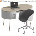 Modern Oval Office Desk With Light Wood Top Golden Legs And Gray Padded Chair With Wheels
