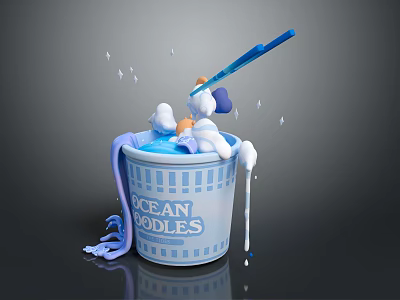 Ocean Noodles With Blue Soup Spoon And Dripping Sauce In Bowl 3d model