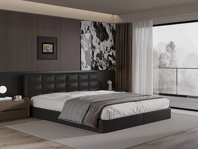 Modern Bedroom Interior With Dark Wood Walls Black Leather Headboard Black White Abstract Painting Large Window 3d model
