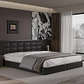 Modern Bedroom Interior With Dark Wood Walls Black Leather Headboard Black White Abstract Painting Large Window