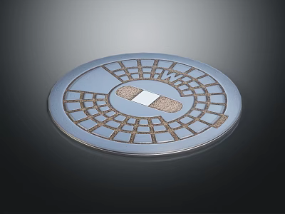 Circular Metal Manhole Cover With Grid Pattern And Central Label Design 3d model