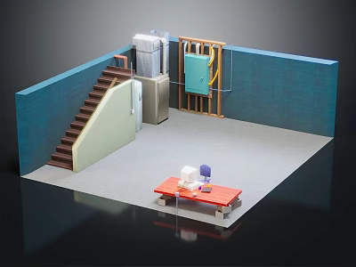 Cartoon Interior Scene With Wooden Staircase Blue Walls Gray Floor Red Table And Small Figures 3d model