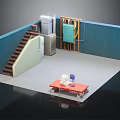 Cartoon Interior Scene With Wooden Staircase Blue Walls Gray Floor Red Table And Small Figures