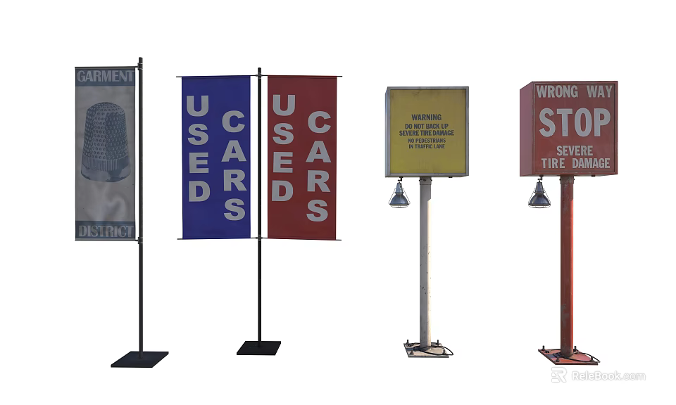 Various Advertising Billboards With Used Cars Flags Garment District Warning And Stop Service Signs 3d model 