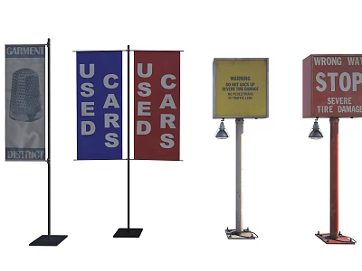 Various Advertising Billboards With Used Cars Flags Garment District Warning And Stop Service Signs 3d model