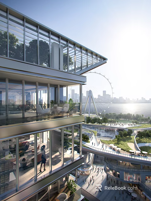 Modern Commercial Street Featuring Glass Facade Ferris Wheel View Riverfront Urban Skyline And Green Spaces 3d model 