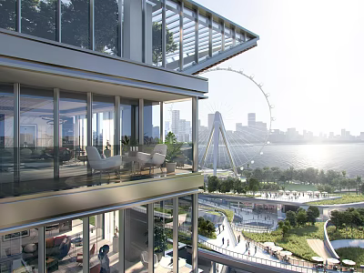 Modern Commercial Street Featuring Glass Facade Ferris Wheel View Riverfront Urban Skyline And Green Spaces 3d model