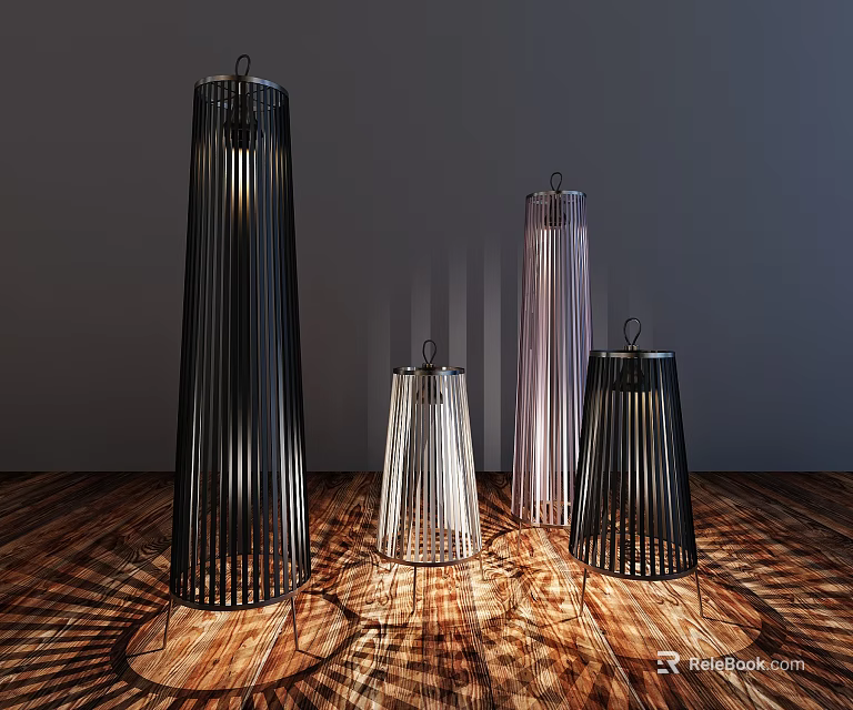 Modern Floor Lamps with Slatted Design Casting Light Patterns on Wooden Floor 3d model 