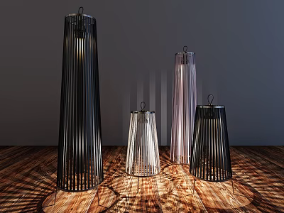 Modern Floor Lamps with Slatted Design Casting Light Patterns on Wooden Floor 3d model