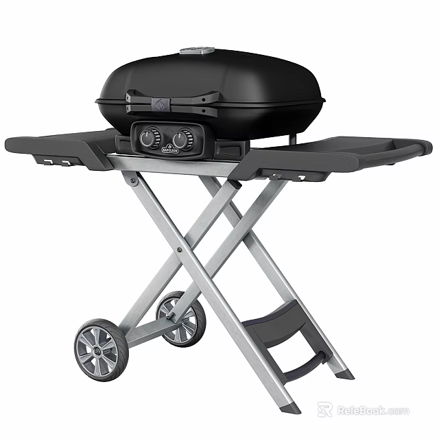 Black Portable Outdoor Grill With Foldable Stand Wheels And Control Knobs 3d model