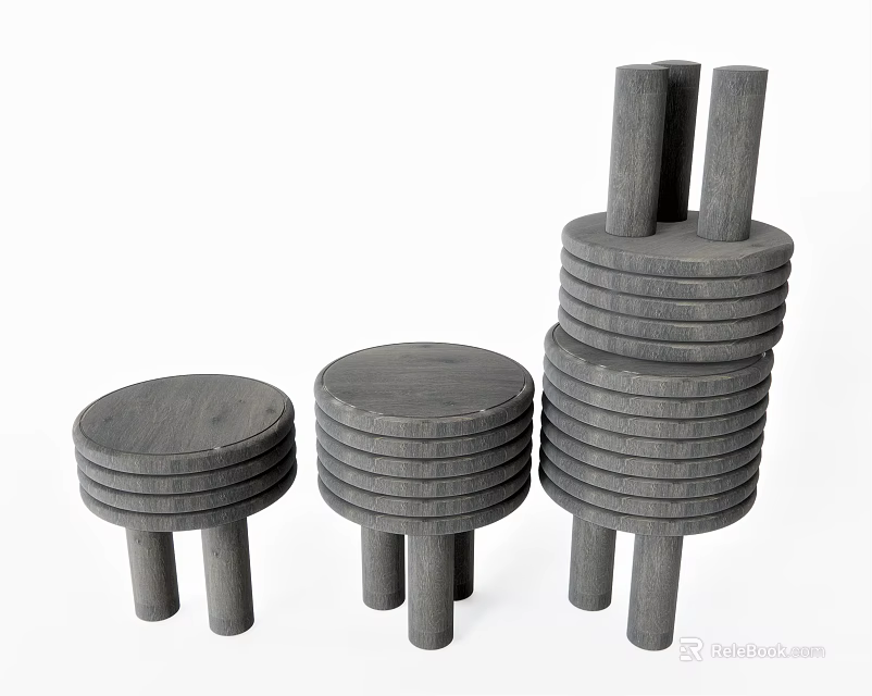 Gray Wooden Stackable Stools With Round Seats And Four Legs In Different Heights 3d model