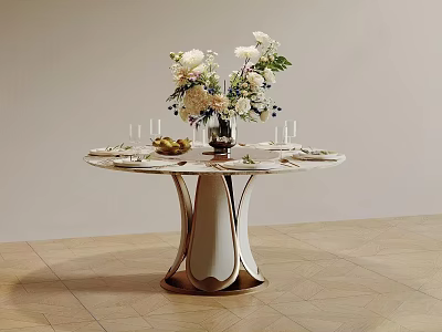 Elegant Round Dining Table With Fresh Flower Arrangement Wine Glasses And Fruits 3d model