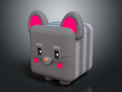 Gray Mouse Shaped Storage Box with Pink Ears Cheeks Whiskers and Stripes Cute Design 3d model