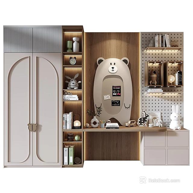 Modern Wardrobe Interior Setup With Wooden Bookshelves Decorative Mirror And Ornaments 3d model 
