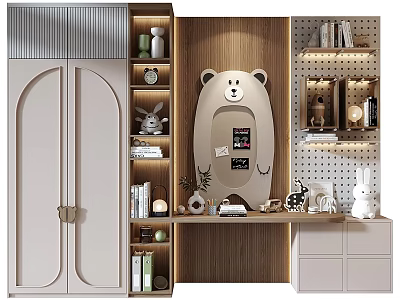 Modern Wardrobe Interior Setup With Wooden Bookshelves Decorative Mirror And Ornaments 3d model