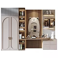 Modern Wardrobe Interior Setup With Wooden Bookshelves Decorative Mirror And Ornaments