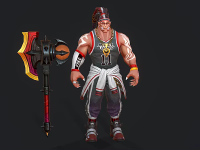 Muscular Warrior In Turban Vest Number 11 With Giant Red Yellow Decorated Axe 3d model