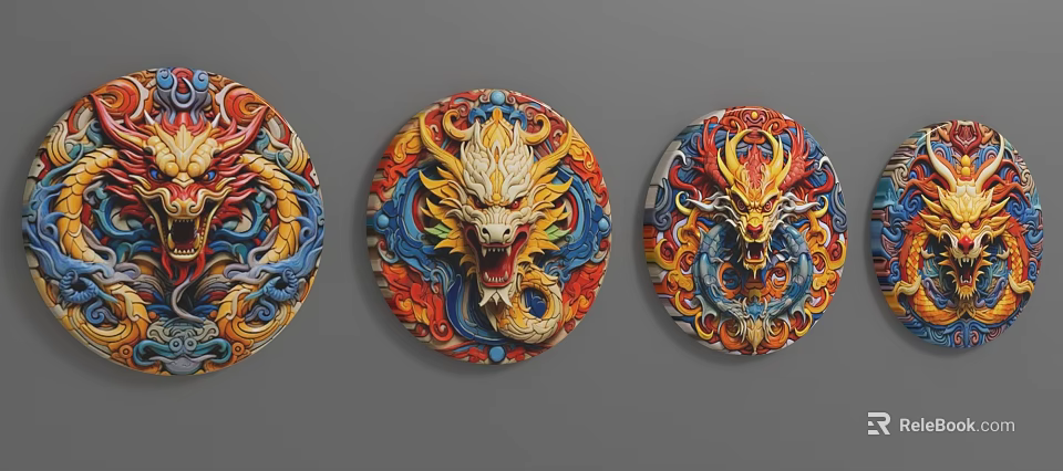Set of Three Vibrant Chinese Dragon Themed Round Wall Hanging Ornaments 3d model 